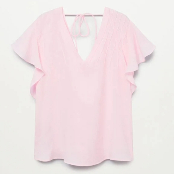 Mango pastel pink Pleamar ruffle sleeve v-neck textured tie back blouse - Picture 3 of 6